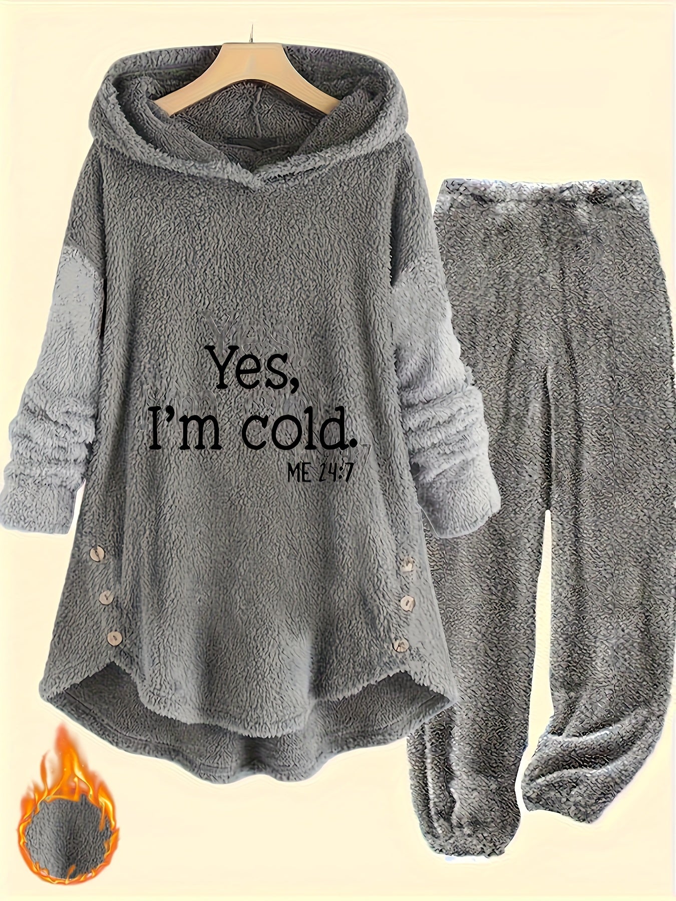This Outfit Is a Cold Print Teddy Casual Pants Set with Button-Decorated Long-Sleeved Hoodie And Pants, Suitable for Autumn And Winter Season, Women'S Clothing
