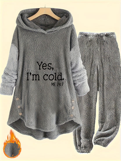 This Outfit Is a Cold Print Teddy Casual Pants Set with Button-Decorated Long-Sleeved Hoodie And Pants, Suitable for Autumn And Winter Season, Women'S Clothing