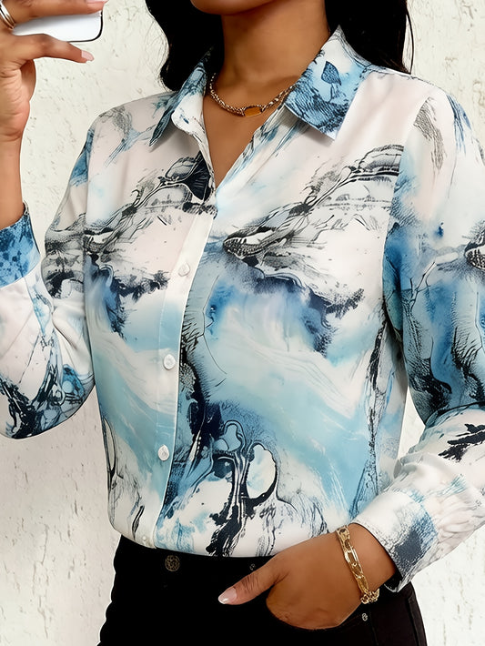 Marble Print Polo Collar Shirt, Casual Button Long Sleeve Shirt For Spring & Fall, Women'S Clothing