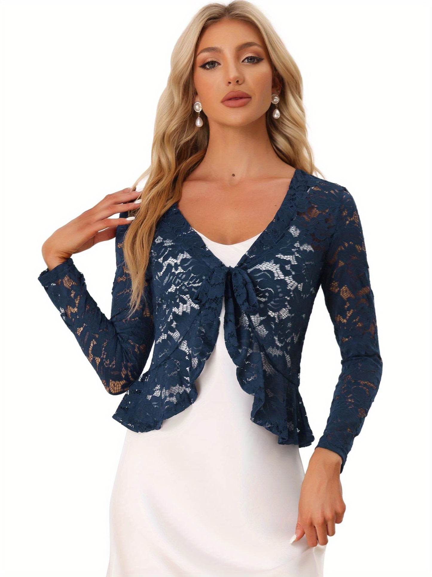 Women's Sheer Crop Bolero Cardigan - Semi-Sheer Lace Shrug with Ruffled Hem & Tie-Front Closure, Blouse for Sleeveless Dresses/Tank Tops (Machine Washable, Spring/Summer Wedding/Office/Cardigan) - 90% Nylon/10% Spandex