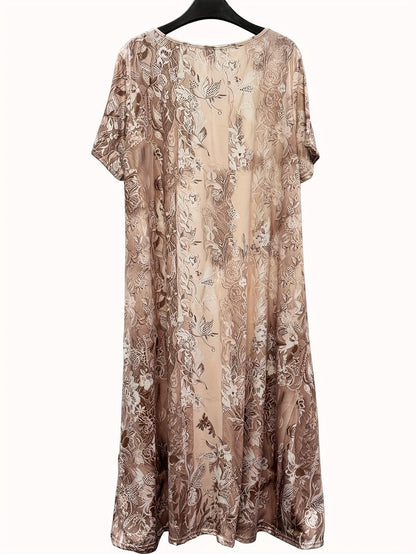 Women's Pink Floral Midi Casual Dress - Short Sleeve Easy Styling