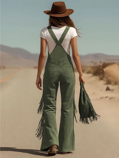 Vintage Fringe Detail Overalls, Loose Wide Leg Design, Fashion Youthful Casual Style, Daily Outing Travel Outfit, Versatile Multi-Occasion Wear