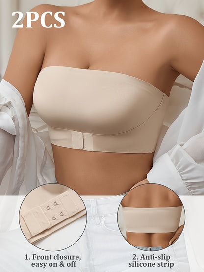 2pcs of Strapless Elegant Ladies Dress Bra - No Steel Ring, Front Buckle Design Comfortable and Not Embarrassed, Removable Bra Pad Style, Invisible Fit Does Not Show, with Strapless Dresses, Halter Dresses Exclusive Underwear!