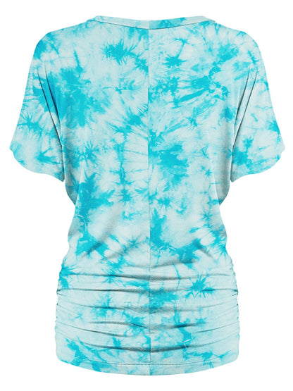 Women's Short Sleeve V Neck Tie-Dye Dolman Top w/Side Shirring