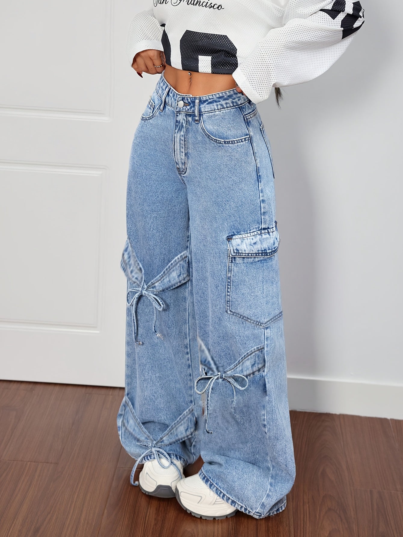 Women'S Plus Size Denim Clothing Curved Bow Side Pocket Straight Trousers