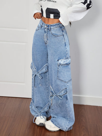 Women'S Plus Size Denim Clothing Curved Bow Side Pocket Straight Trousers