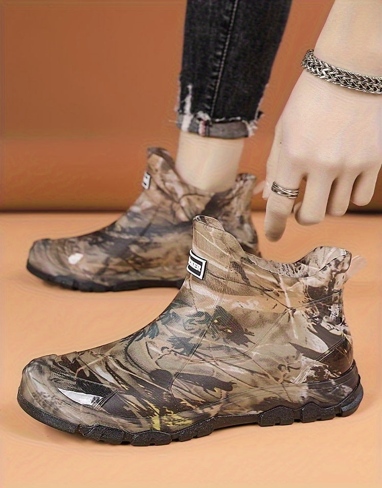 Men's Camouflage Rain Boots- Thick Sole, Slip-On Outdoor Fishing Shoes with "ALPHA" Branding, All-Season Comfort for Hiking& Casual Wear, Hiking Boots, Durable Footwear