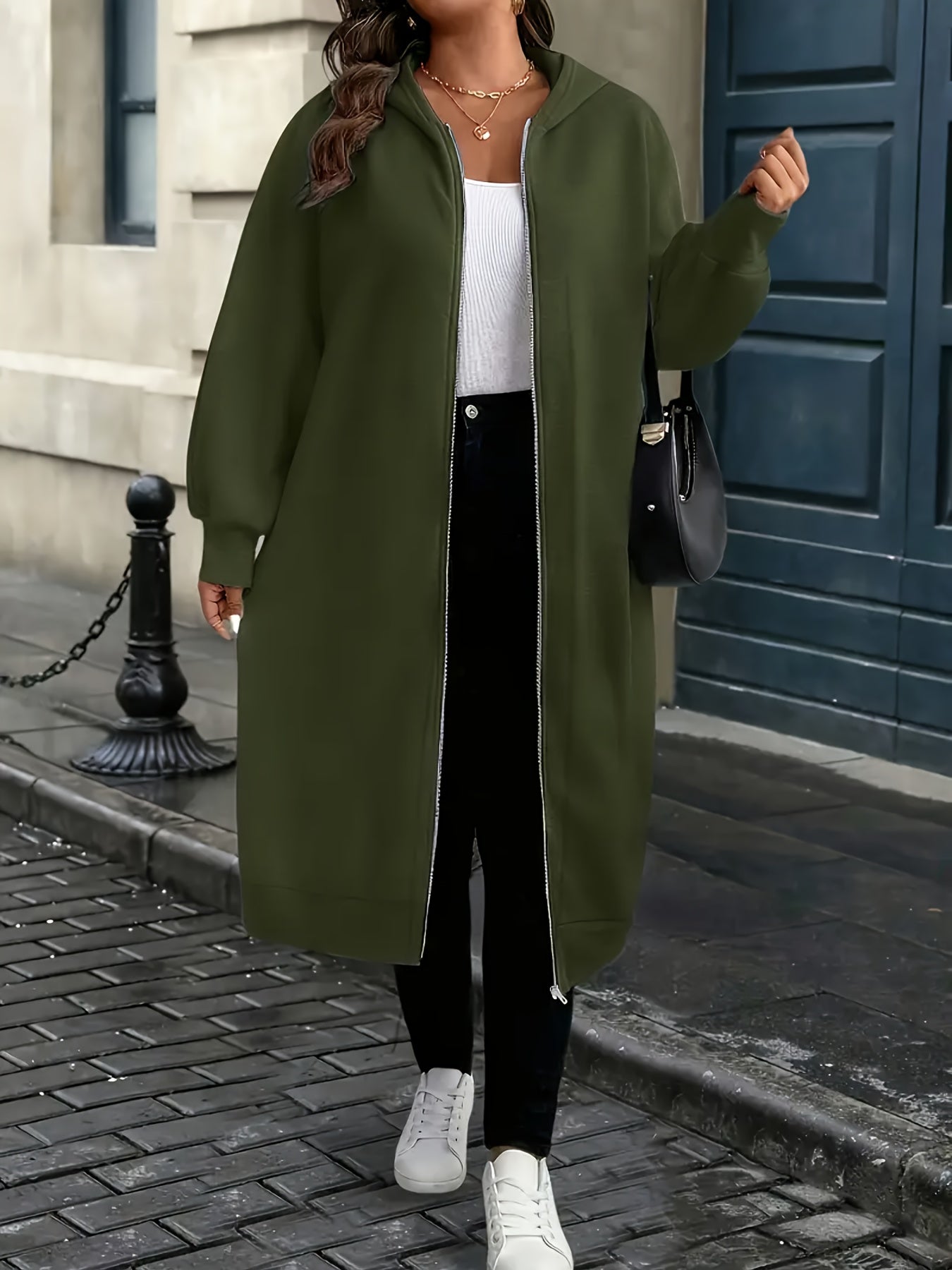 Plus Size - Plus Size - Plus Size Women'S Elegant Hooded Coat - Long Formal to Casual Outerwear, Zipper Closure, All-Season Chic Jacket for Everyday And Special Occasions, Stylish Layering Piece, Sophisticated Design, Durable Construction