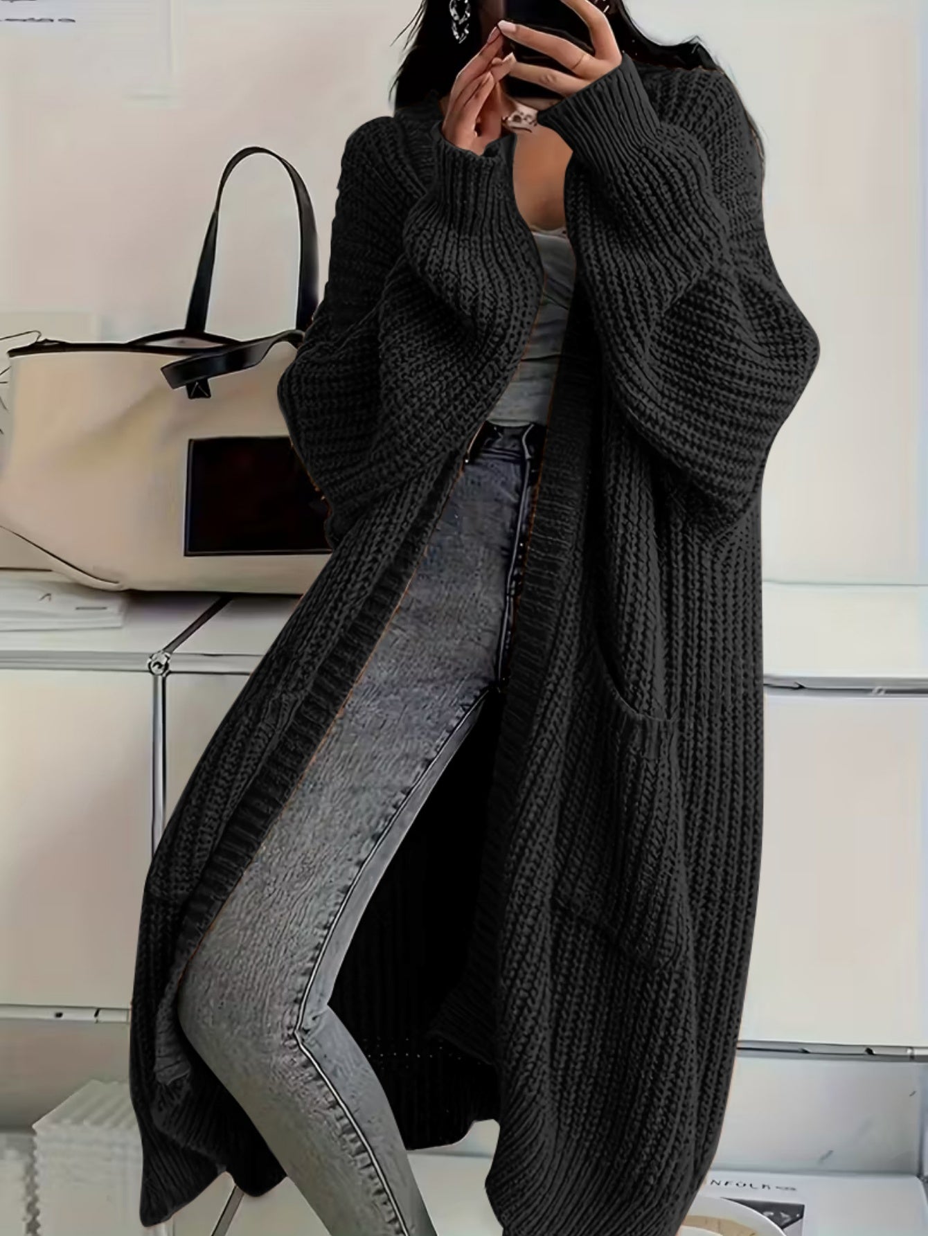Plus Size, Solid Color Plus-Size Women's Long Pocket Cardigan Loose Over-the-Knee Sweater Coat Fashion Versatile Outerwear