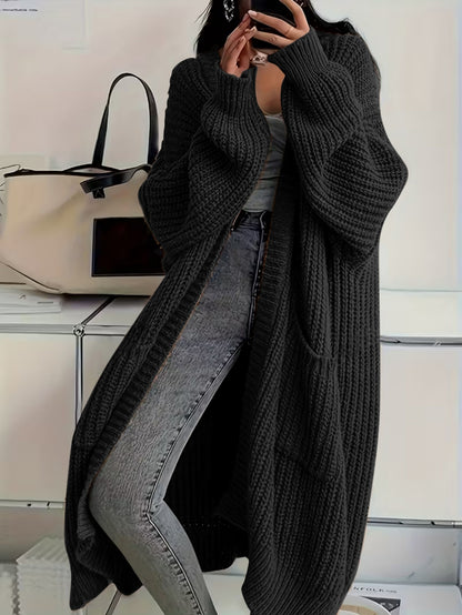 Plus Size, Solid Color Plus-Size Women's Long Pocket Cardigan Loose Over-the-Knee Sweater Coat Fashion Versatile Outerwear