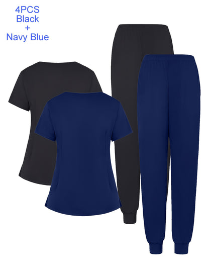 4pcs Set Of Multi-color Women's Round Neck Zipper Matte Breathable Sports Uniform Pocket Hand Washing Work Clothes Brush Hand Clothes Tying Feet Pants Set