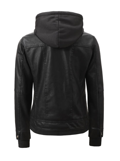 Women's Hooded PU Leather Jacket, Classic Slim-Fit Biker Style with Detachable Hood, Full-Zip PU Leather Coat with Multiple Pockets, Warm Windproof Outerwear for Spring, Fall & Winter Casual & Daily Outfits
