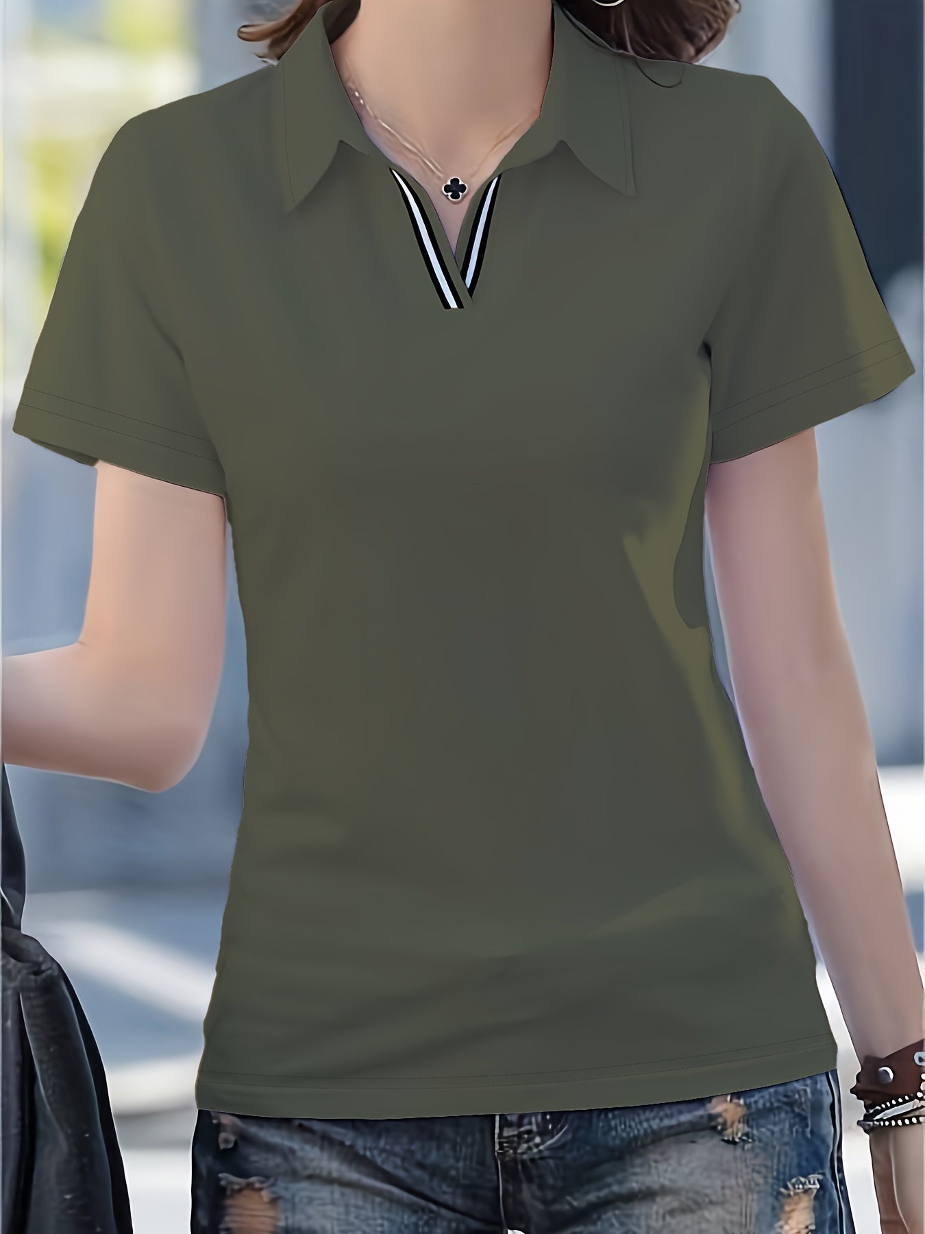Women'S Casual V-Neck T-Shirt - Summer Short Sleeve Solid Color Top with Striped Collar & Waist Ribbon Detail, Machine Washable Regular Fit for Casual Attire, Comfortable Daily Tee, Stylish Ribon Detail, Smooth Fabric Tee