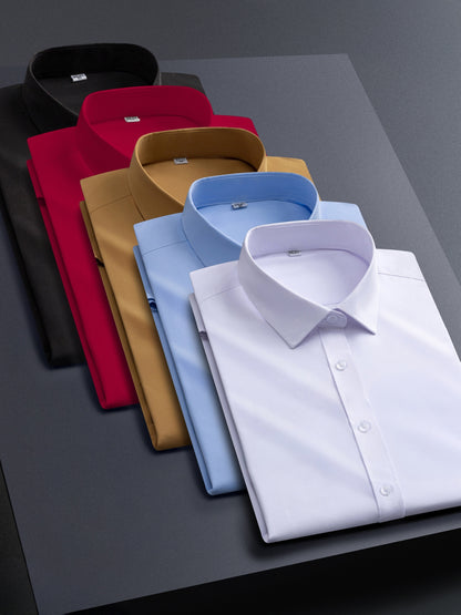 5pcs Men's Stretch Long Sleeve Dress Shirts - Solid Color Business Casual & Formal Shirts, Wrinkle-Resistant & Easy-Care, Regular Fit for Office, Wedding