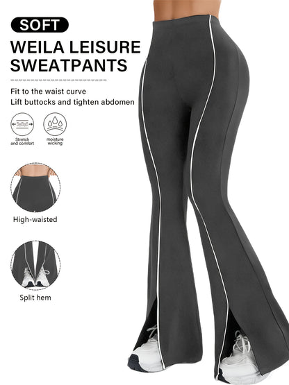 High-Waisted Slit Flared Pants with Side Lines, Elastic Pants, Retro And Versatile Casual Long Pants
