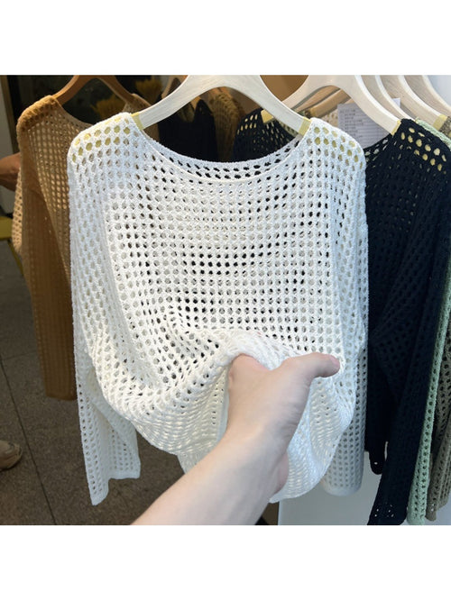 1pc, Hollow Round Neck Loose Sweater, Sunscreen/Commuting, Women Who Prefer Loose Casual Style, Women'S Top, Shoulder Sleeves And Loose Version, Versatile Sunscreen Blouse