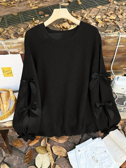 Plus Size, Plus-size  Sweet Style, Round Neck Balloon Sleeve Bow Sweater, Autumn and Winter Atmosphere Items
