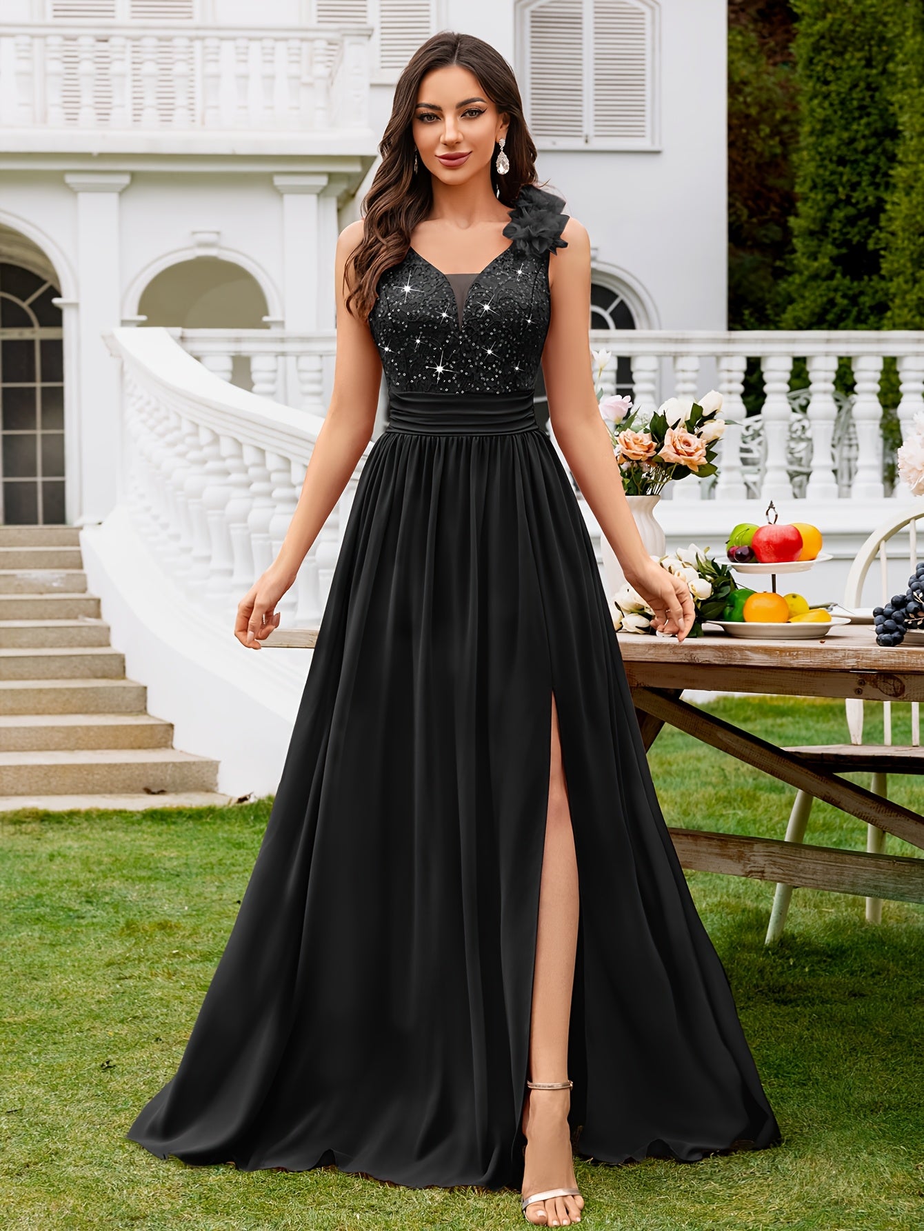 24451A Elegant Womens Mesh Deep V Neck Sequin Lace Maxi Dress, Sleeveless Applique Shoulder, Back V Neck, Ruched A Line Waist, High Thigh Slit Hem, Perfect For Formal Wedding Guest, Prom, Bridesmaid Party, Graduation Season, Wedding Season