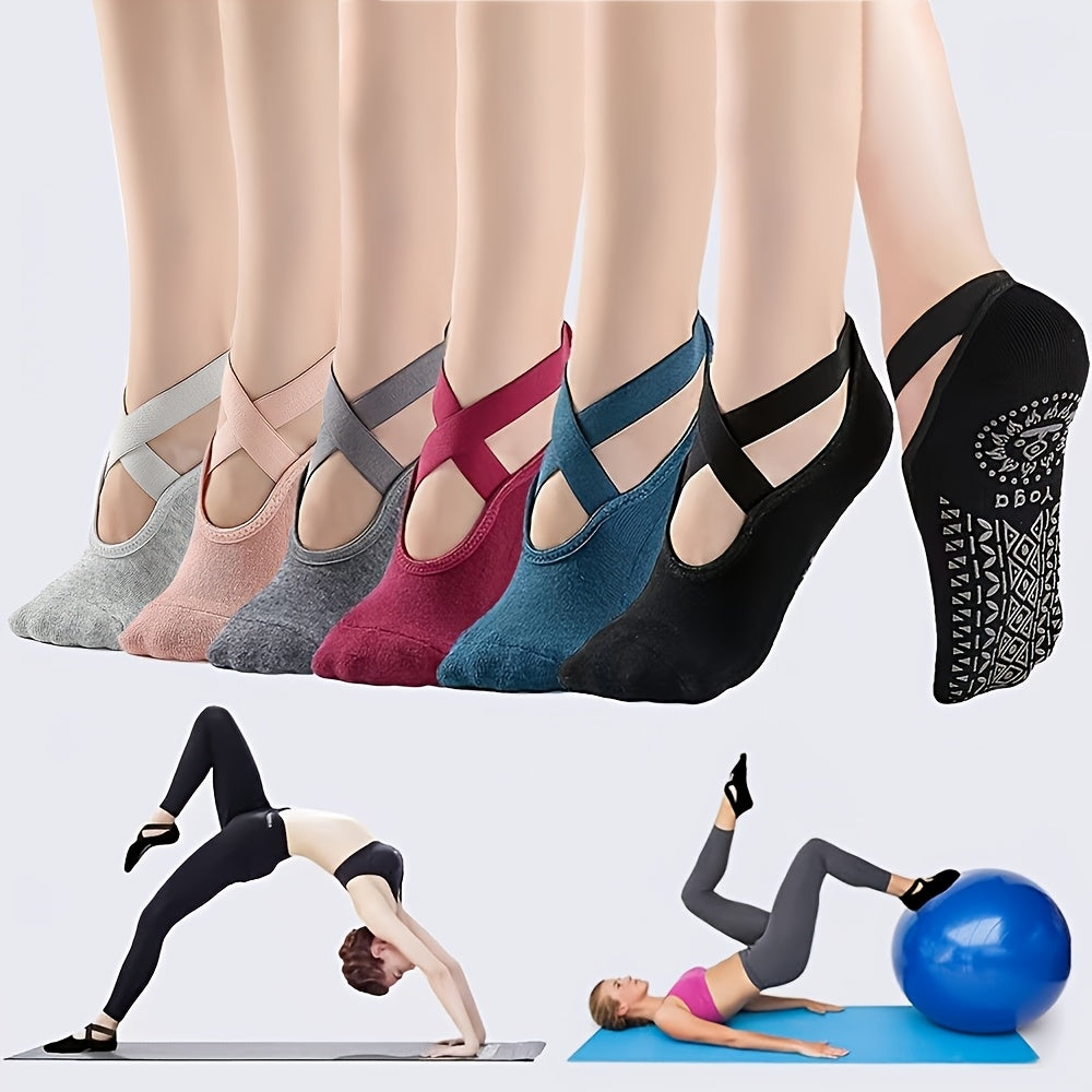 [Yoga Socks] 6 Pairs Of Women's Yoga Socks, Silicone Anti-Slip Boat Socks, Cross-Tied Fitness Pilates, Soft And Comfortable Dancing Indoor Sports Socks