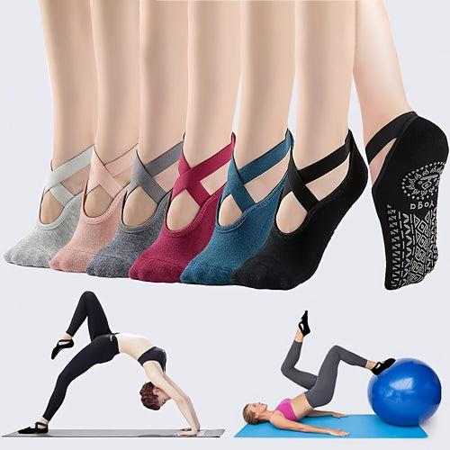 [Yoga Socks] 6 Pairs Of Women's Yoga Socks, Silicone Anti-Slip Boat Socks, Cross-Tied Fitness Pilates, Soft And Comfortable Dancing Indoor Sports Socks