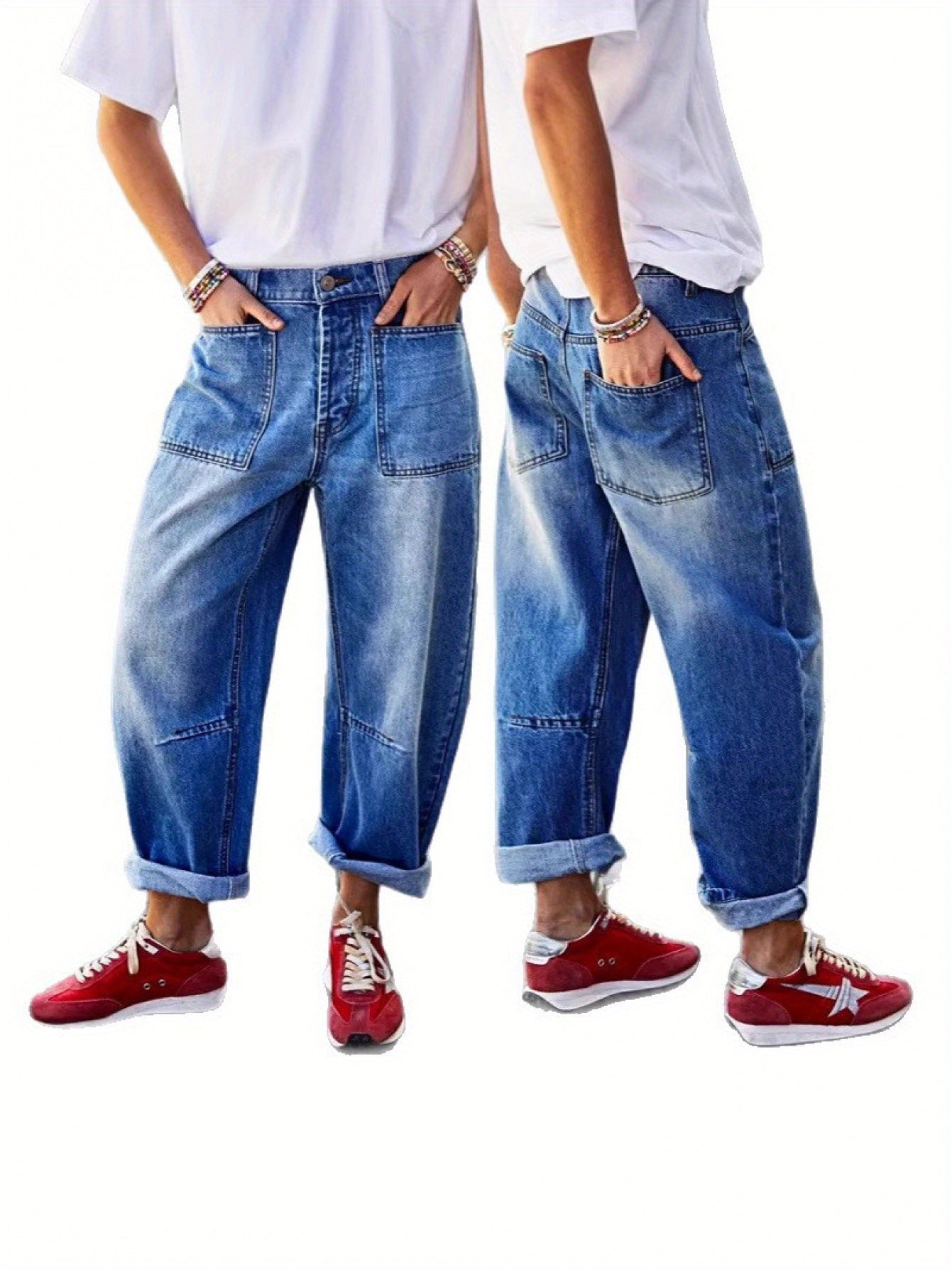 1pc Women'S High- Waisted Baggy Boyfriend Jeans, Vintage Wash Patchwork Pants, Loose Fit Tapered Trousers with Roll- Up Cuffs, Trendy Streetwear Ankle- Length Bottoms Casual Daily Outfits, Comfortable Relaxed Fit Jeans Spring