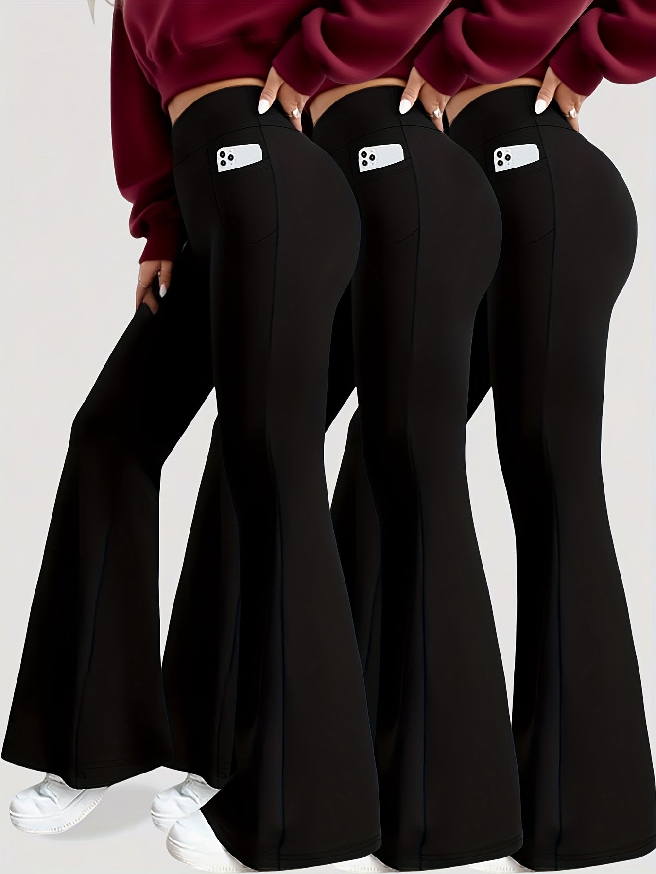 3 Pack Women's High Waisted Tummy Control Yoga Leggings - Super Soft Bootcut Flare Pants with Pockets, 4-Season Workout Capri/Capri-Length (Black/Grey/Navy) - All-Season Wear, Pencil-Slim Fit for Gym, Pilates & Everyday Use