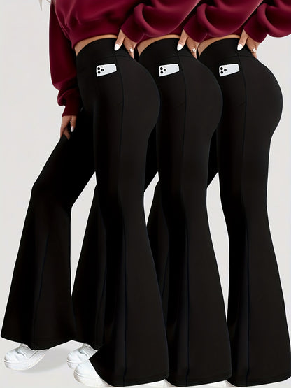 3 Pack Women's High Waisted Tummy Control Yoga Leggings - Super Soft Bootcut Flare Pants with Pockets, 4-Season Workout Capri/Capri-Length (Black/Grey/Navy) - All-Season Wear, Pencil-Slim Fit for Gym, Pilates & Everyday Use