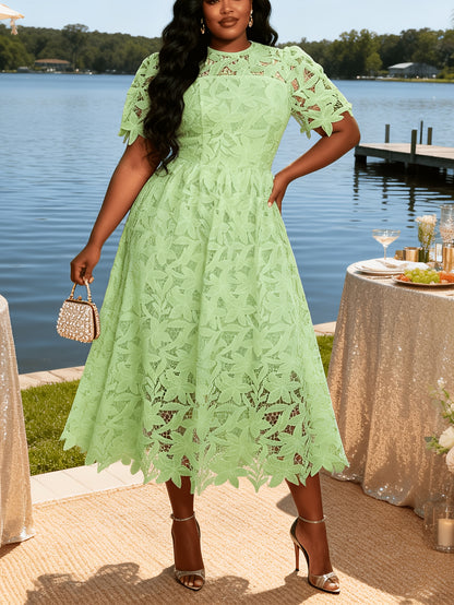 Plus Size - Plus Size - Plus Size Round Neck Lace Dress, Elegant Midi Length with Waist Definition, Formal Banquet And Evening Gown