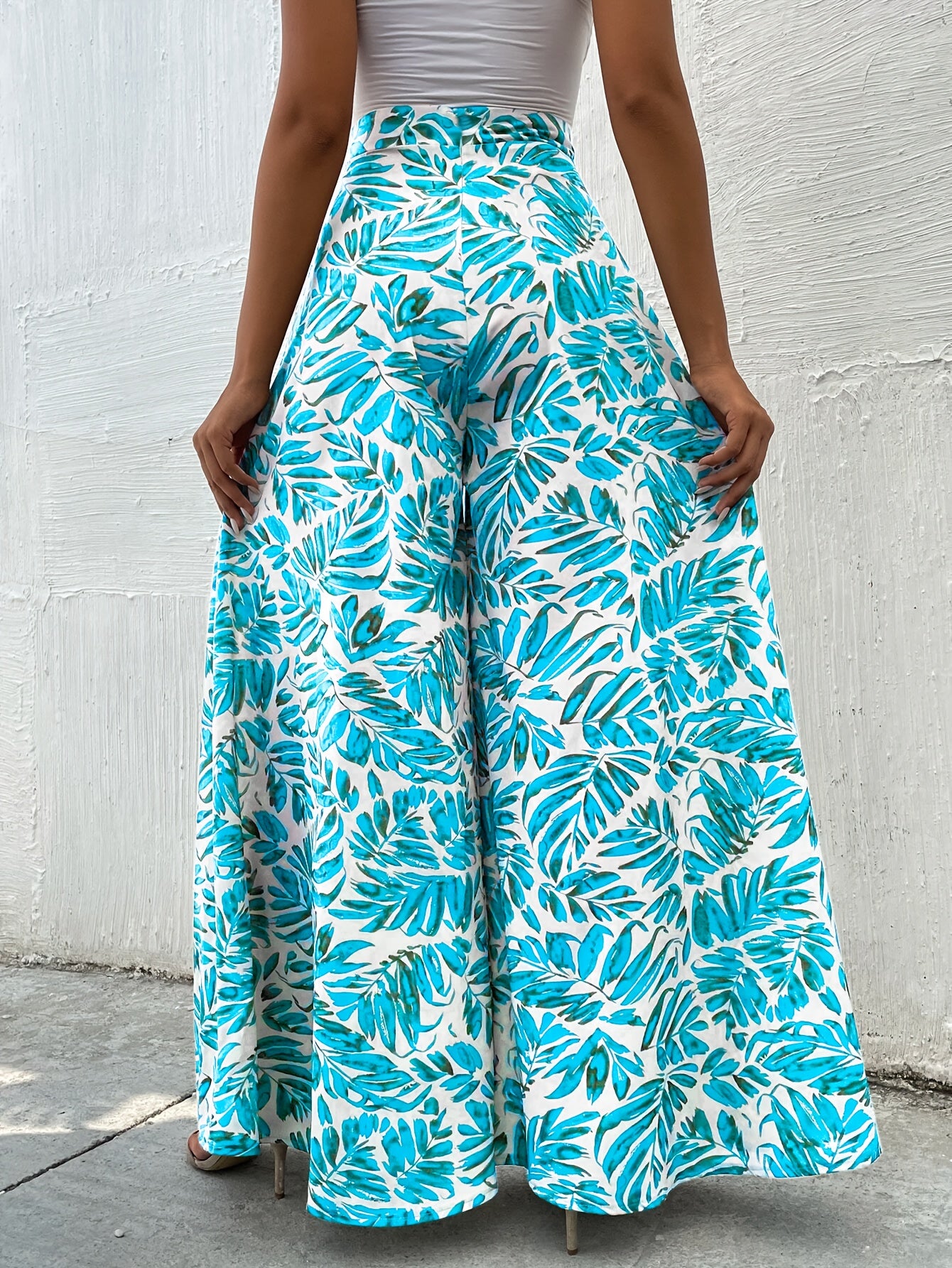 Women's High Waist Leaf Print Wide Leg Palazzo Pants - Super Long Flowy Bohemian Style, Machine Washable Non-Stretch Fabric for Spring & Autumn Casual Wear, Autumn Apparel, Lightweight Design