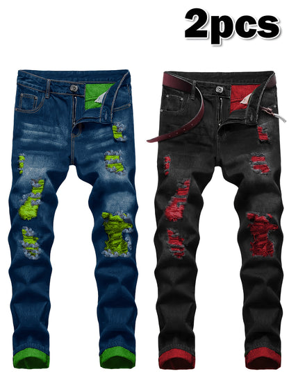 2pcs Men's Slim Fit Distressed Ripped Jeans | Classic Stretch Denim Pants, Trendy Casual Versatile Outfits