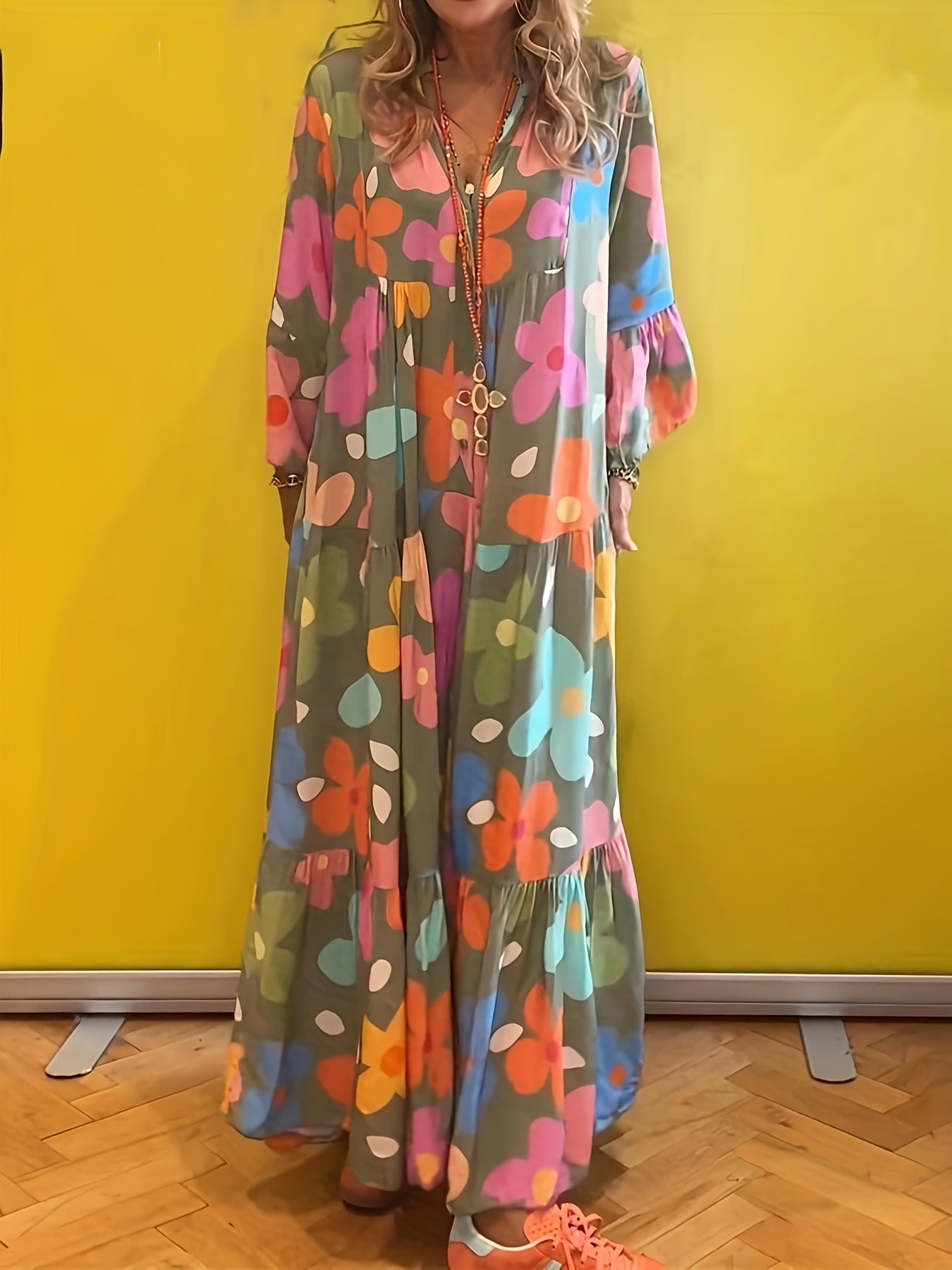 Women Floral Print Boho V Neck Maxi Dress, Layered Design, Button Closure, 3/4 Flared Ruffle Sleeves, Super Loose Fit