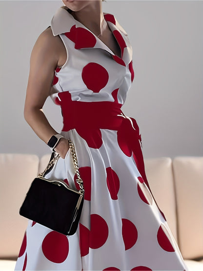 Plus Size - Plus Size - Lemongor Plus Size Party Evening Birthday Prom Polka Dots Maxi Dresses for Women 2025 New Sleeveless Tied Waist Fashion Long A-Line Shirt Dress, 3XL, 4XL, 5XL