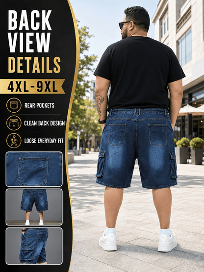 Mens Plus Size Denim Cargo Shorts, Big And Tall Elastic Waist Drawstring Jean Shorts For Men, Loose Fit Blue