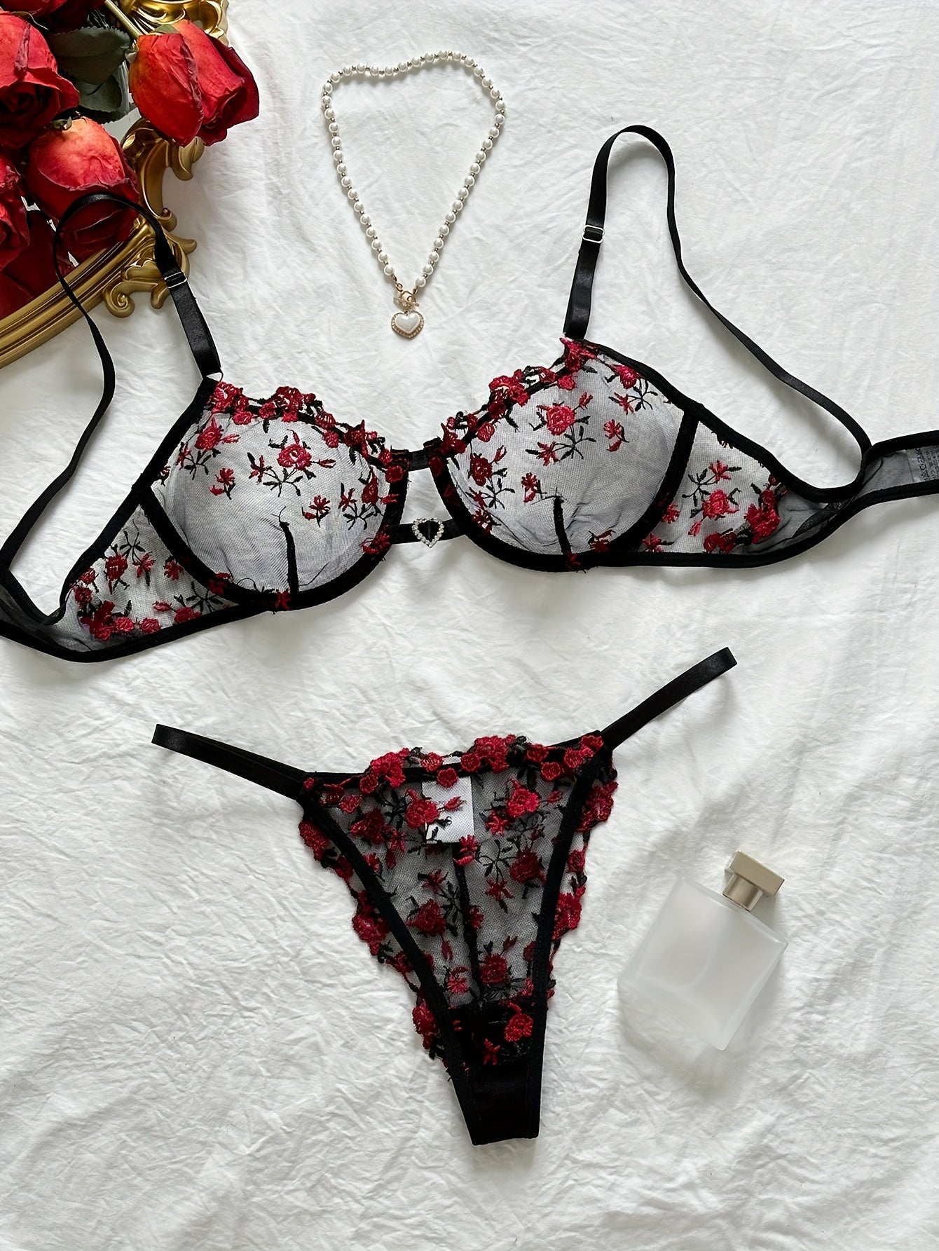 Christmas Gift Women'S Sexy Lingerie Combination Bra Underwear Chic Lingerie Set Available In Soft Pink, Elegant Black-Red, Romantic Burgundy, And Stylish Black-Blue, Vibrant Rose Embroidery On Sheer Mesh And Feminine Ribbon Details