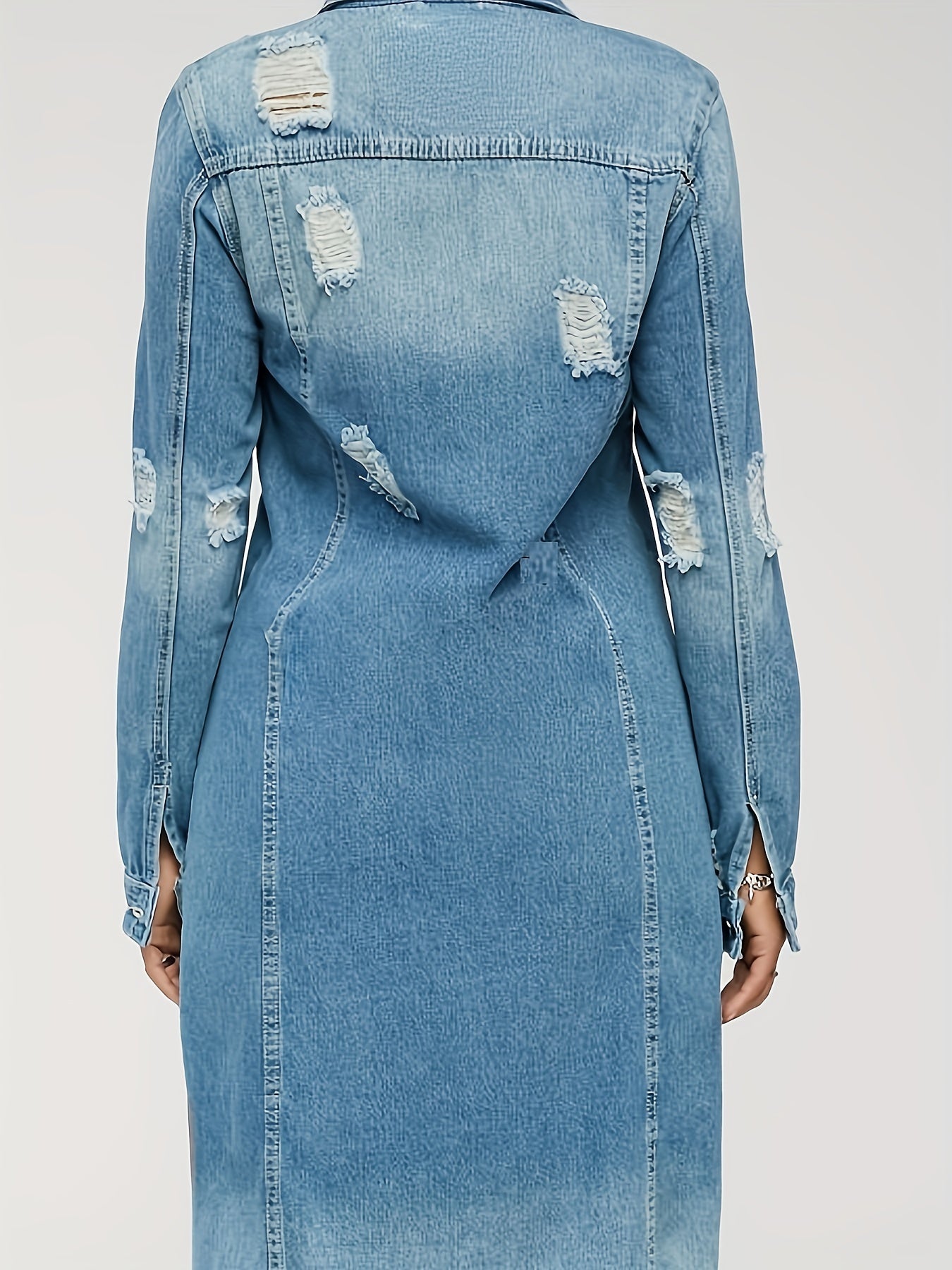 Long Denim Jacket With Worn Holes, Long Denim Trench Coat For Women