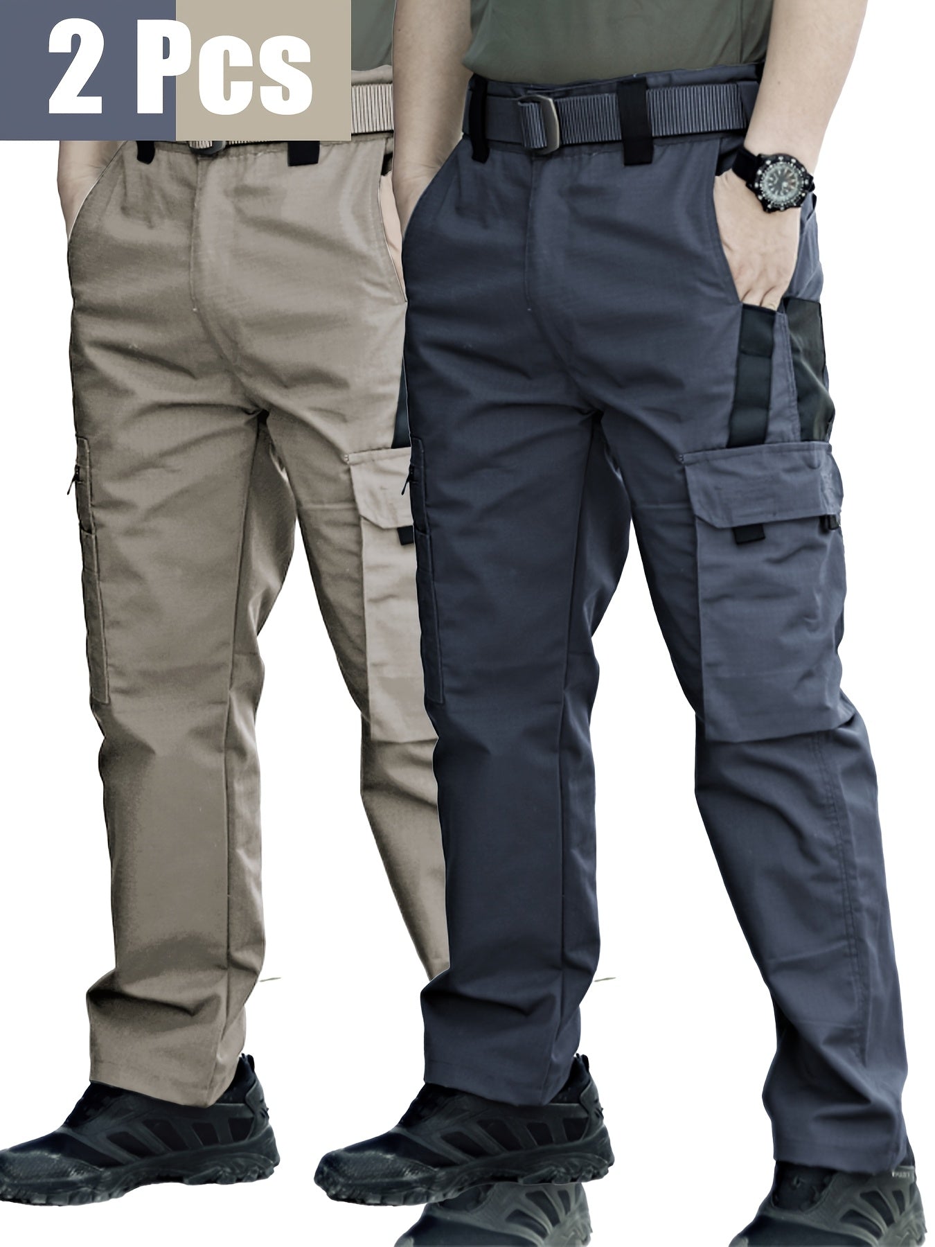2 Pairs of Men's Tactical Cargo Pants, Outdoor Construction Hiking Multi-pocket Durable Casual Tactical Trousers | Adjustable Waistband | Hiking and Mountaineering Gear (waistband Not Included)