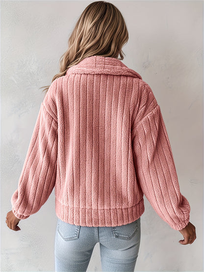 Women's Luxurious Plush Jacket - Soft Pink Winter Coat with Stand-Up Collar & Button-Front Closure, Cozy Blazer Suitable for Outerwear, Machine Washable Warm Jacket for Fall/Winter, Clothing