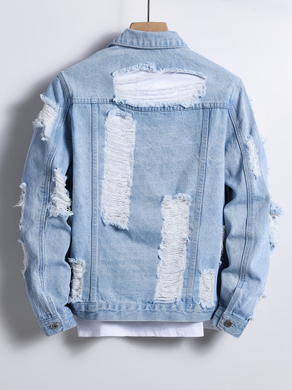 HME Men'S Street Fashion Large Distressed Denim Jacket - Light Blue Vintage Distressed Lapel Coat