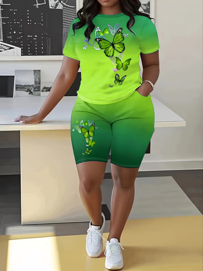 Plus Size Butterfly Print Ombre Two-piece Set, Crew Neck Short Sleeve Top & Shorts Outfits, Women's Plus Size聽Clothing