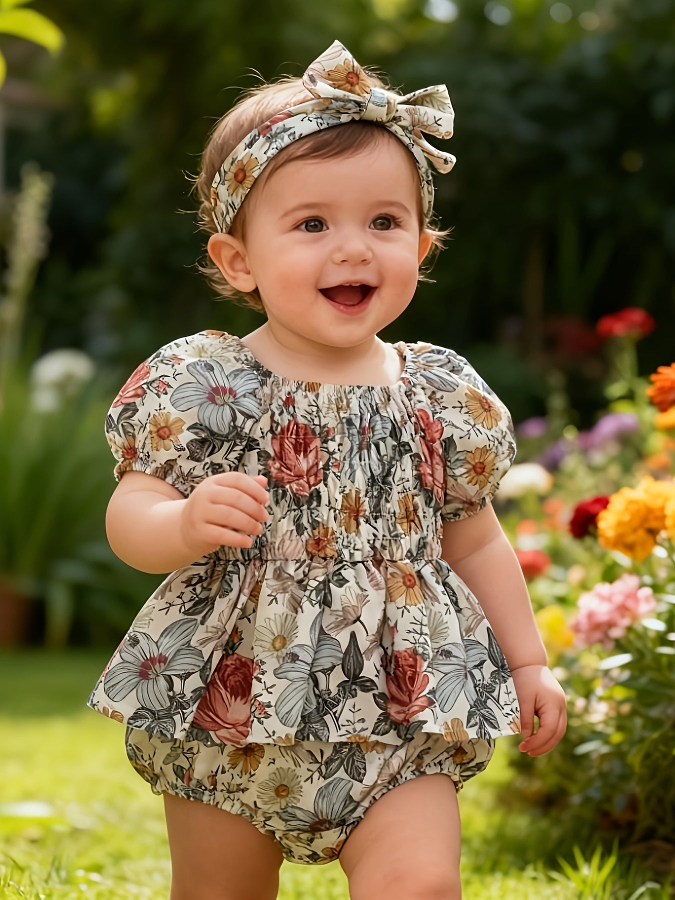 Infant Baby Girls' Floral Print Romper Dress with Puff Sleeves & Matching Headband - Soft Short Skirt Hem All-Season Cute Outfit for Photoshoots, Family Gatherings, Baby Girl Dress, Photoshoot Outfits, Lightweight Jumpsuit, Toddler Fashion, Perfect for Ou