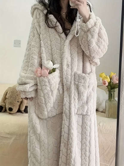 New Autumn And Winter Women's Hooded Coral Pajamas, Thickened And Flannel Home Sleep Dress, Bathrobe, Long Cute Sweet Home Wear Lazy Women's Robe, Can Be Worn Outside As Home Wear, Thickened Long Hooded Winter Robe for Women