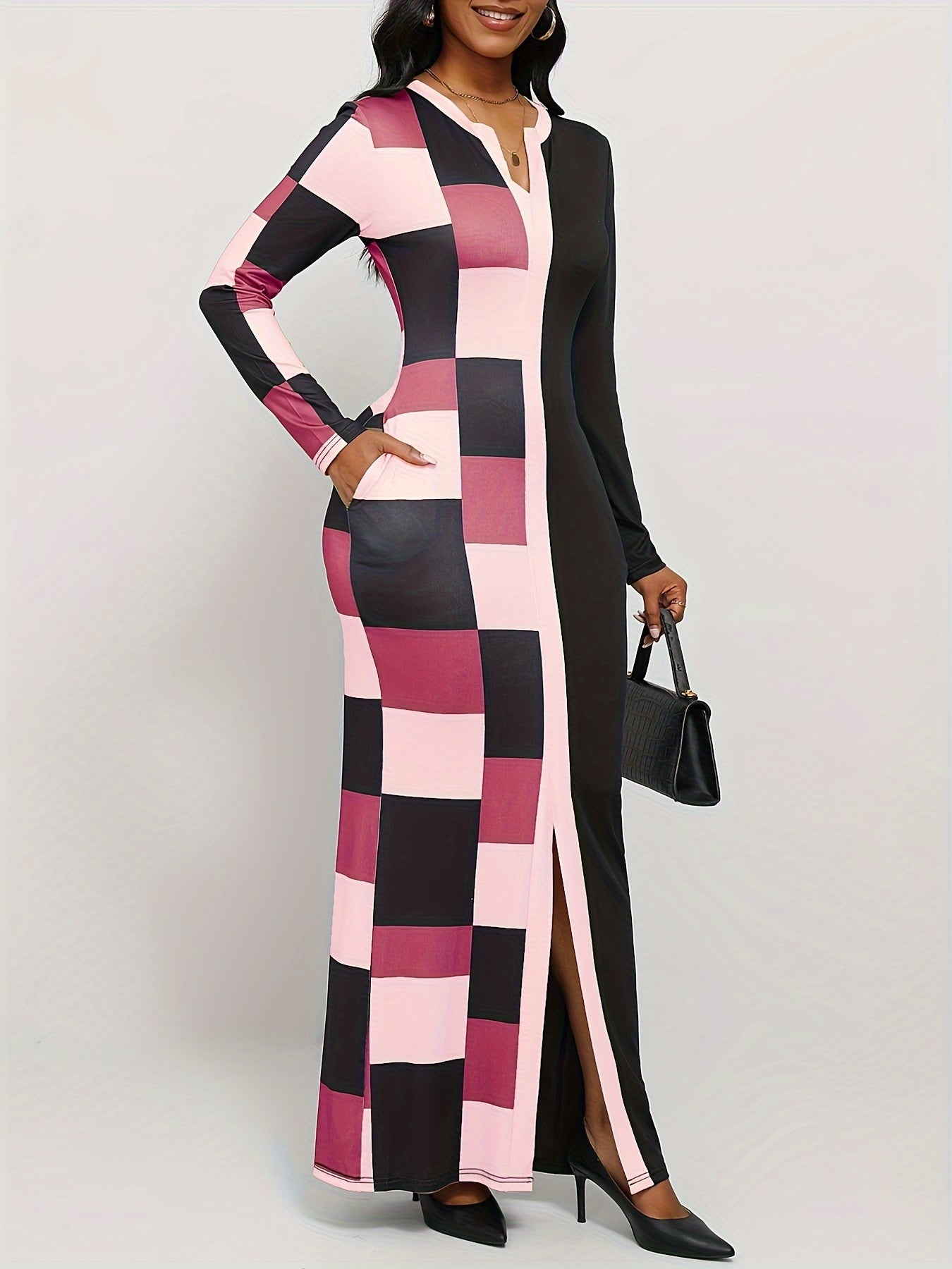 Geo Print Long Sleeve Split Dress, Casual Notch Neck Dress for Spring & Fall, Women's Clothing