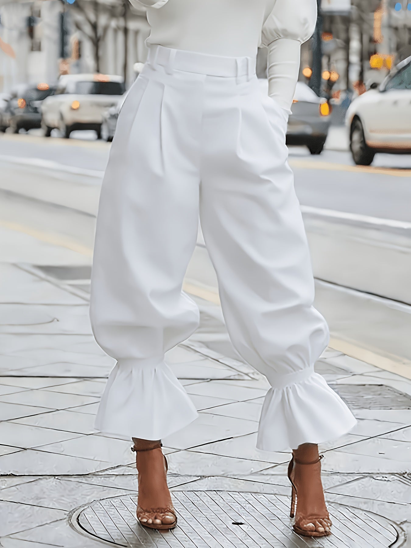 Women's High Waist Lantern Pants - Olive Green Wide Leg Trousers with Ruffled Hem And Elastic Waistband"