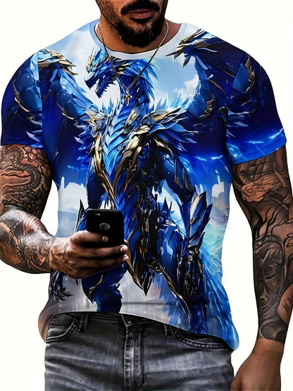 Wuwei Mechanical Blue Dragon 3D Pattern Printed Men's Graphic T-Shirt Comfort T-Shirt, Short Sleeve Pullover, Men's Summer Outdoor Clothing