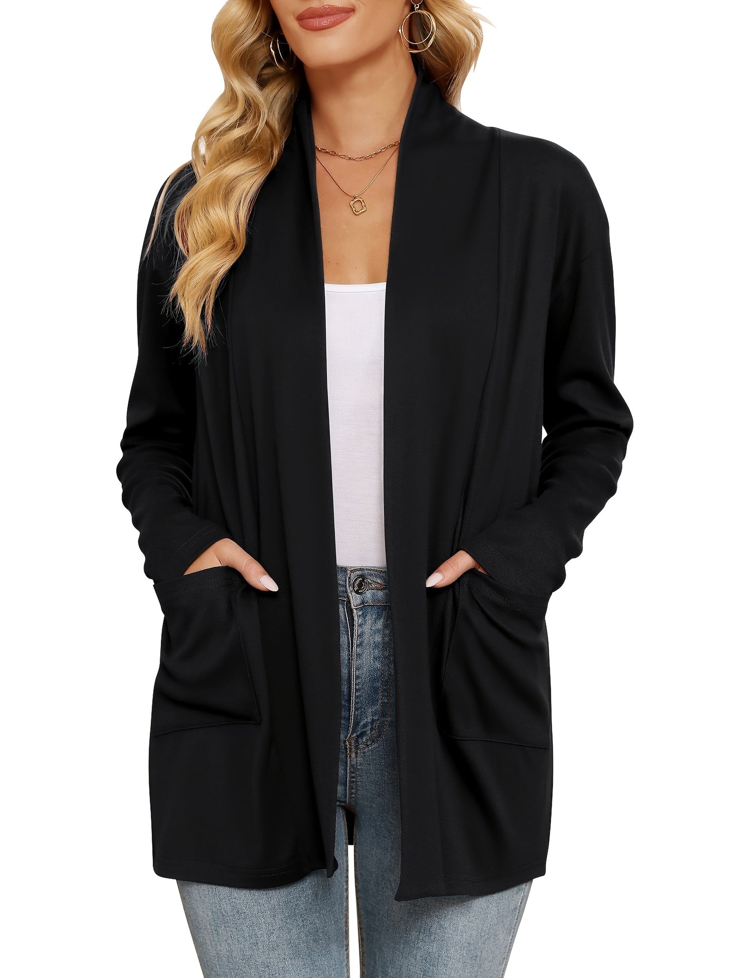 Spring And Autumn Women'S New Casual Solid Color Open Placket Double Pocket Design Simple Cardigan Jacket Comfortable Loose Long Sleeve Cardigan