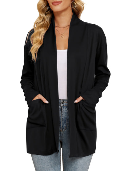 Spring And Autumn Women'S New Casual Solid Color Open Placket Double Pocket Design Simple Cardigan Jacket Comfortable Loose Long Sleeve Cardigan
