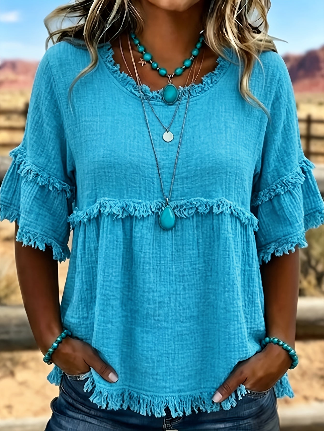 Women'S Round Neck Short Sleeve Casual Blouse with Fringed Trim