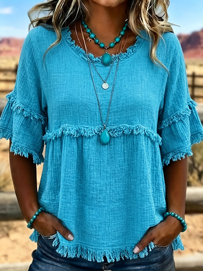Women'S Round Neck Short Sleeve Casual Blouse with Fringed Trim