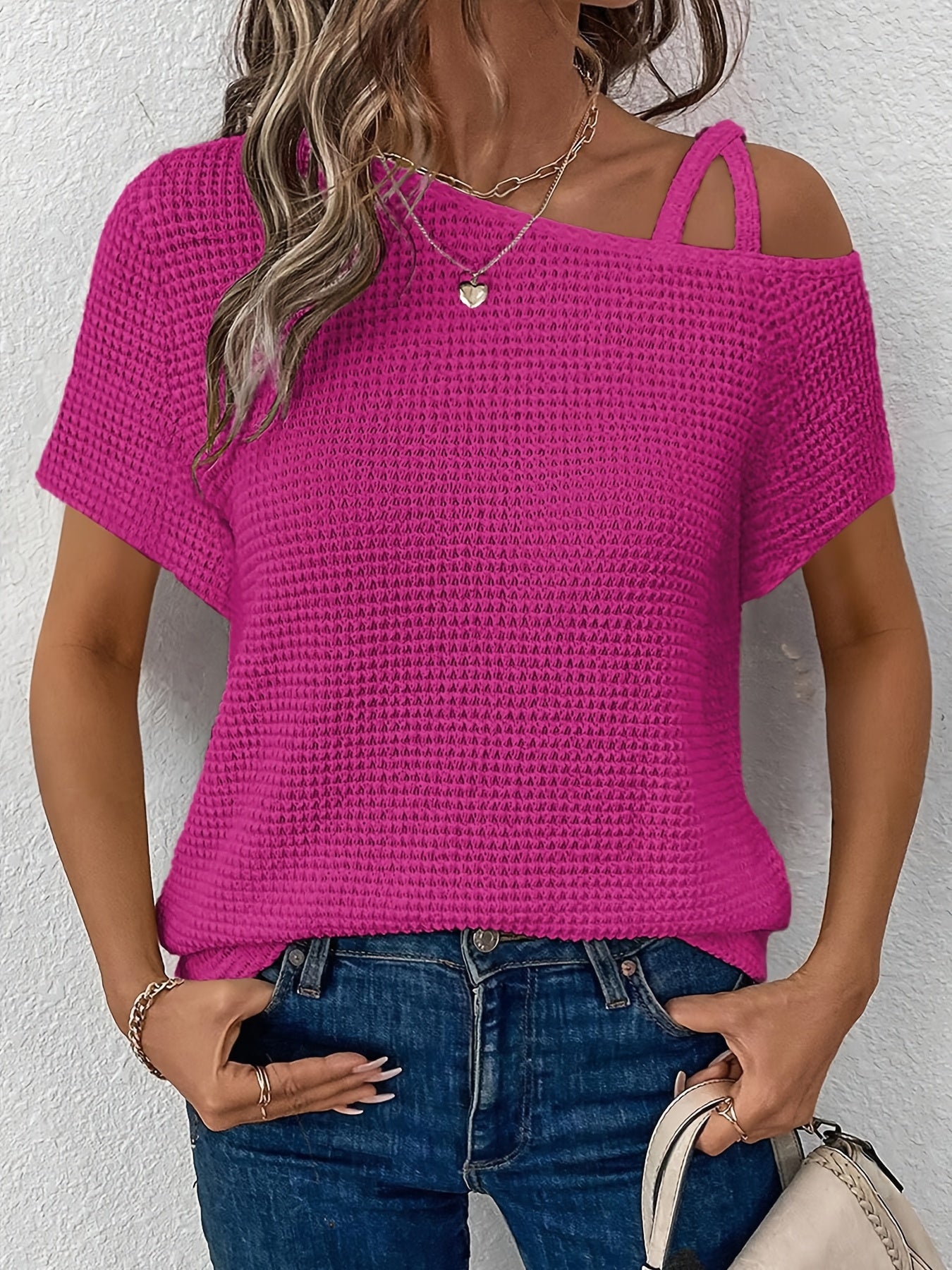 Women'S Summer Off Shoulder Waffle Short Sleeve T-Shirt Solid Color Top
