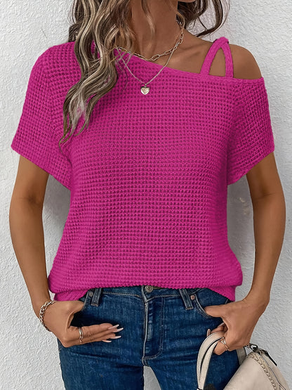 Women'S Summer Off Shoulder Waffle Short Sleeve T-Shirt Solid Color Top